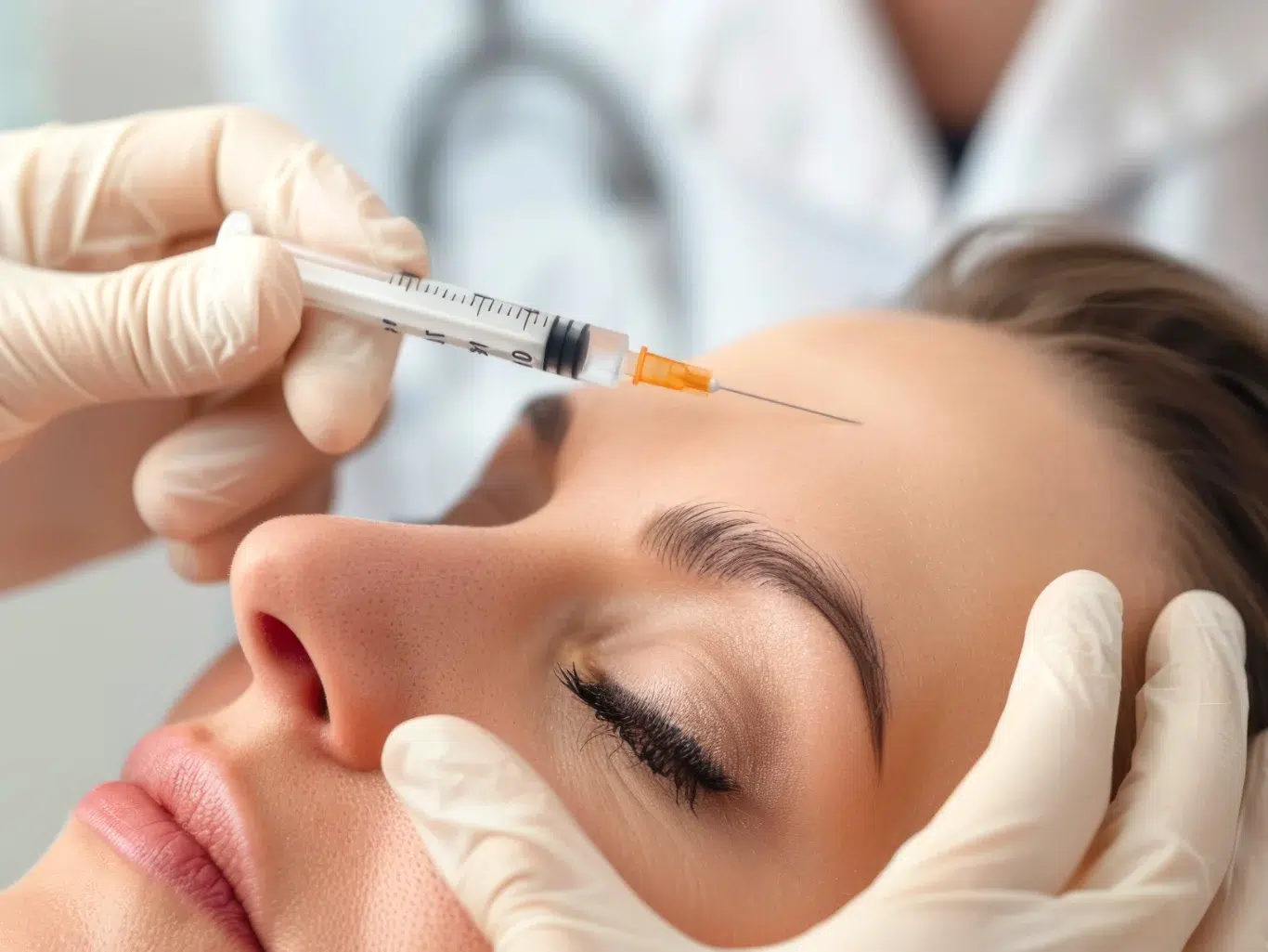 A close up view of a patient receiving a forehead injection from a medical professional